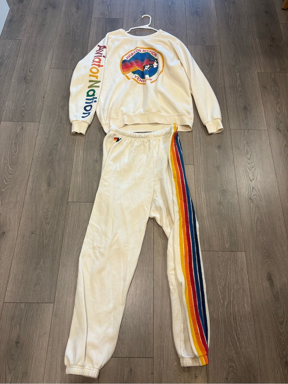 Aviator Nation SET 5 stripe jogger Cream and crew neck size XL